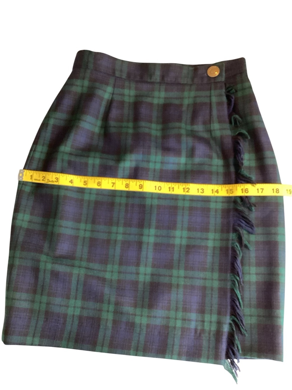 JH Collectibles Wool Green & Navy Plaid Fringe Wrap Midi Skirt - Picture 9 of 10